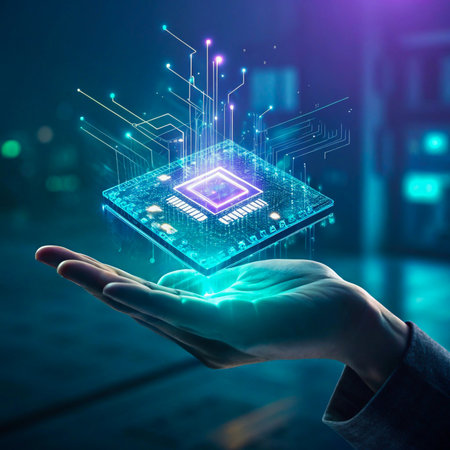 Futuristic microchip floating above open hand with glowing data streamsの素材