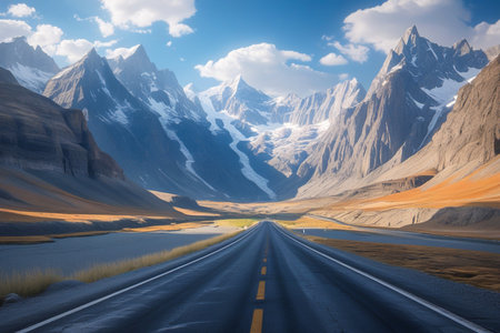 Scenic mountain road leading to majestic snow capped peaks under a blue skyの素材