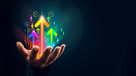 Hand holding colorful glowing arrows pointing upwards symbolizing growth and successの素材
