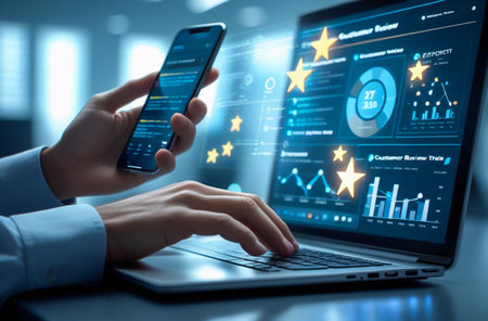 Person analyzing financial data on laptop and smartphone with glowing starsの素材