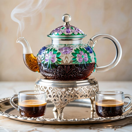 A steaming ornate glass teapot sits on a silver warmer, accompanied by two small cups of dark coffee.の素材