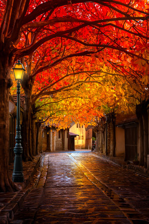 A cobblestone street lined with buildings is illuminated by a warm lantern, with fiery red and orange autumn leaves forming a canopy overhead.の素材