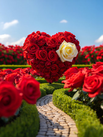 A vibrant heart shape made of red roses floats above a garden path, surrounded by blooming red roses and lush greenery.の素材