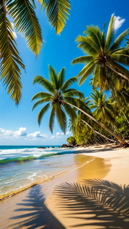 Sun-drenched sandy beach with lush palm trees framing a clear blue ocean under a bright sky.の素材
