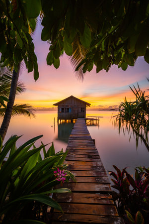 A wooden pier leads to a small overwater bungalow during a vibrant tropical sunset, framed by lush foliage.の素材