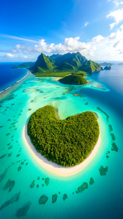 Aerial view of a lush green heart-shaped island with white sand beaches surrounded by vibrant turquoise ocean waters and distant mountains.の素材