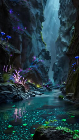 A mystical underground river flows through a cavern illuminated by glowing plants and ethereal light, creating a magical, otherworldly scene.の素材