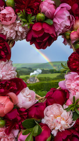 A lush frame of pink and red peonies surrounds a picturesque view of a green countryside with a rainbow and a white horse.の素材