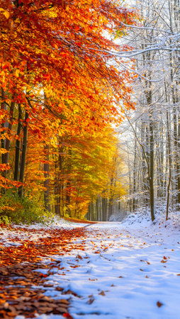 A split image of a vibrant autumn forest on the left and a snow-covered winter forest on the right, reflected in water.の素材