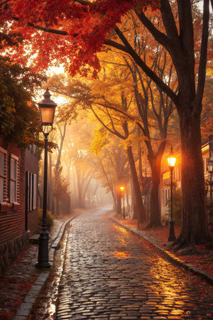 A charming, atmospheric street lined with trees in vibrant fall colors, illuminated by warm lamplight on a wet cobblestone path.の素材