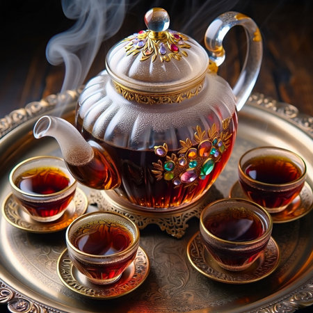 A clear glass teapot filled with dark tea, emitting steam, surrounded by four small cups on a decorative metal tray.の素材