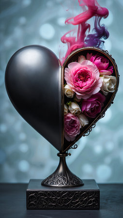 A unique heart-shaped sculpture, half solid black, half filled with vibrant pink roses and wisps of smoke.の素材