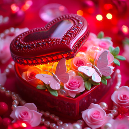 A decorative heart-shaped box overflowing with pink roses, delicate butterflies, and pearl strands, illuminated by soft bokeh lights.の素材