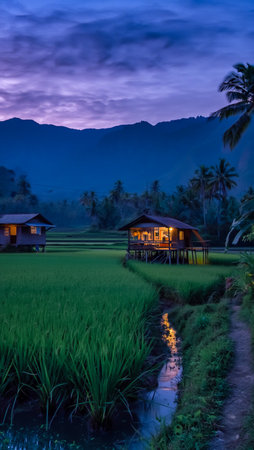 A tranquil scene of green fields, a winding stream, and glowing cottages under a twilight sky.の素材