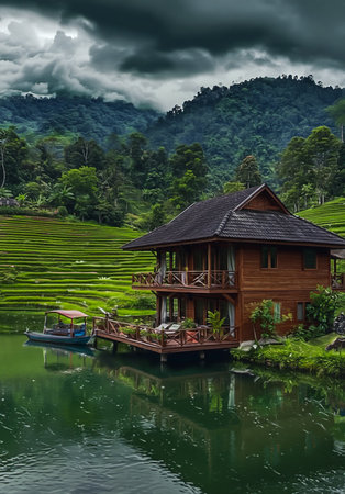 A serene wooden house sits on the edge of a tranquil lake, surrounded by vibrant green rice terraces and misty mountains.の素材