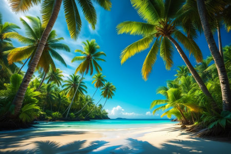Sunlit tropical beach with lush palm trees framing a pristine white sand shore and clear turquoise ocean.の素材
