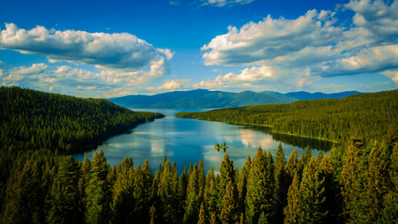 A breathtaking aerial view of a tranquil lake nestled between lush green mountains, under a sky filled with fluffy white clouds.の素材