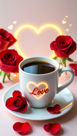 A white coffee cup with a glowing love heart and the word 'Love' sits on a saucer, surrounded by red roses and petals.の素材