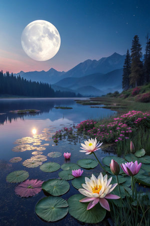A full moon illuminates a tranquil lake with blooming water lilies and distant misty mountains at dusk.の素材