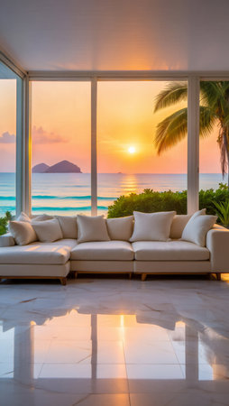 A modern, spacious living room with a sectional sofa facing a breathtaking ocean sunset through large glass windows.の素材