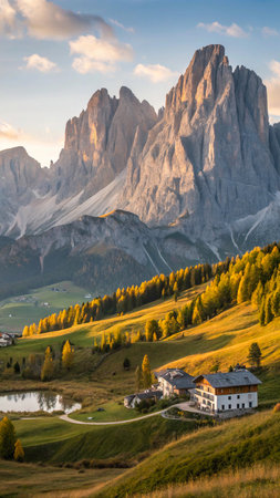 A picturesque alpine village nestled in a valley, bathed in the warm glow of autumn sunlight, with majestic Dolomite peaks in the background.の素材