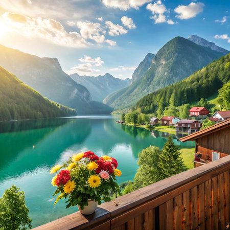 A vibrant bouquet of flowers sits on a wooden balcony overlooking a serene alpine lake and a charming village nestled among lush green mountains.の素材