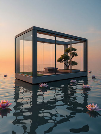 A modern glass pavilion with a bonsai tree inside floats on calm water, surrounded by lotus flowers at sunset.の素材