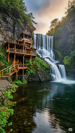 A picturesque waterfall cascades down a rocky cliff next to a multi-story wooden building with balconies and stairs.の素材