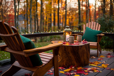 Two Adirondack chairs sit on a deck adorned with autumn leaves, a lantern, and string lights, creating a warm evening ambiance.の素材