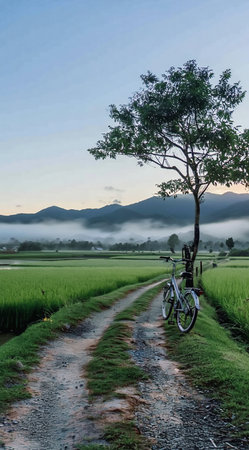 A solitary bicycle rests by a tree on a muddy path through lush green fields, with misty mountains in the distance.の素材
