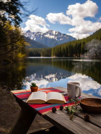 A serene outdoor setting with an open book, coffee mug, and a pie on a table overlooking a calm lake and mountains.の素材
