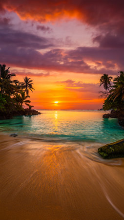 A breathtaking sunset paints the sky with fiery colors over a serene tropical beach and tranquil ocean.の素材