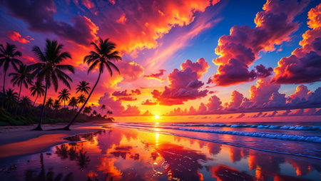 A breathtaking tropical beach scene at sunset, featuring silhouetted palm trees, a fiery sky, and stunning reflections on the wet sand.の素材