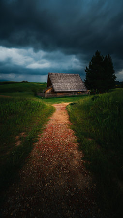 A dirt path winds through green fields towards a weathered barn, beneath a dramatic, dark, and cloudy sky.の素材