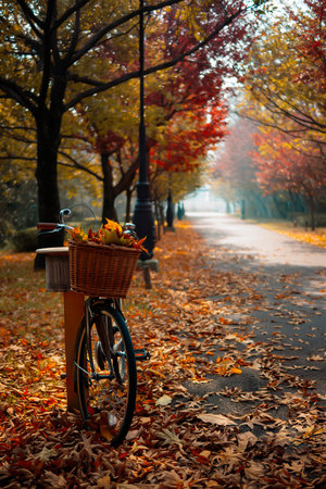 A bicycle laden with autumn leaves sits beside a path covered in fallen leaves, with trees lining the way.の素材