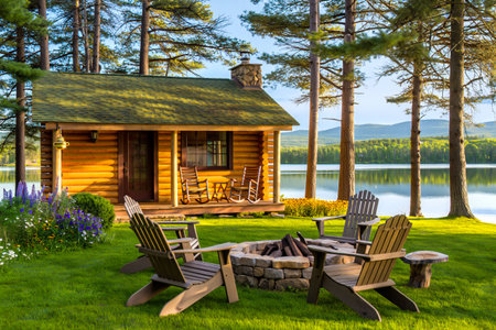 A rustic log cabin sits by a tranquil lake, surrounded by tall trees and a fire pit with chairs.の素材