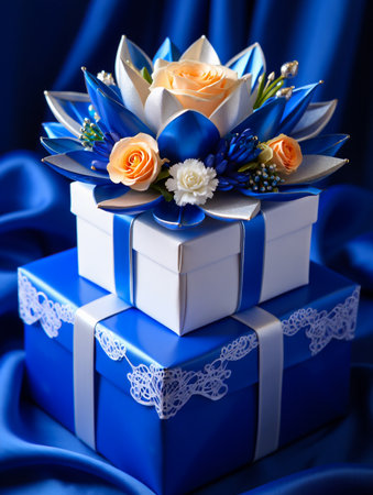 A luxurious stack of blue and white gift boxes adorned with a vibrant floral centerpiece, presented on a satin blue background.の素材