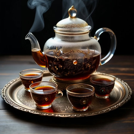 A clear glass teapot filled with dark tea, steaming, surrounded by four small cups on a decorative metal tray.の素材
