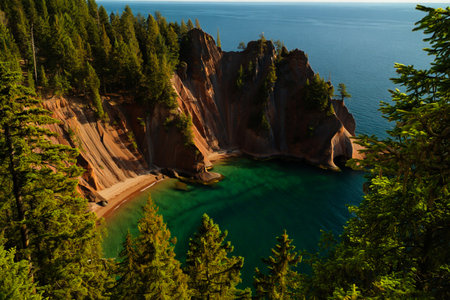 Dramatic sandstone cliffs frame a secluded cove with vibrant emerald water, surrounded by lush green pine trees.の素材