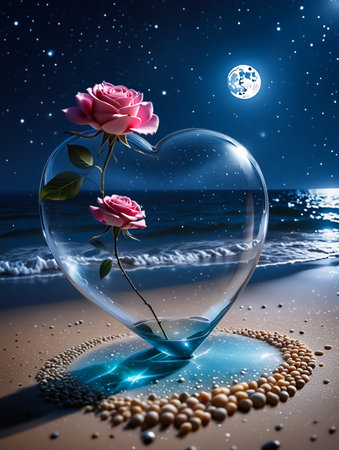A heart-shaped glass vase holding two pink roses sits on a beach at night, under a moonlit starry sky.の素材
