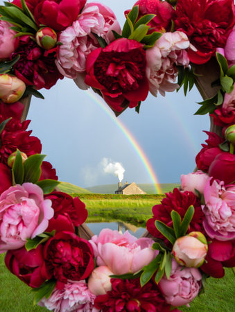 A vibrant heart shaped wreath of red and pink peonies surrounds a picturesque scene with a rainbow arching over a green field.の素材
