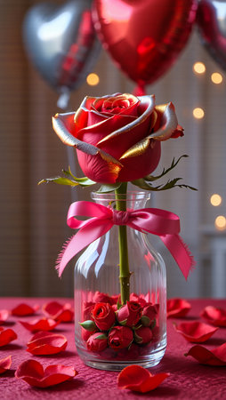 A vibrant red rose in a glass vase, adorned with a pink ribbon, sits on a table scattered with rose petals.の素材