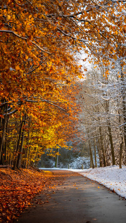 A split image shows a vibrant autumn forest on the left and a snow-covered winter forest on the right, divided by a road.の素材