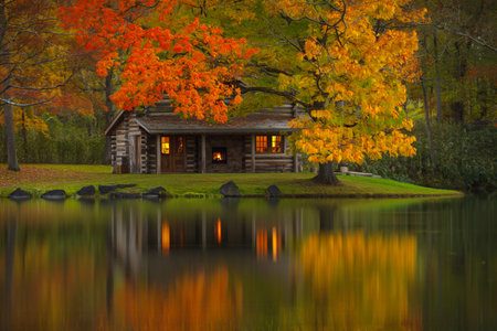 A rustic log cabin sits beside a calm lake, bathed in the warm glow of autumn leaves and interior lights.の素材