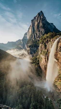 A powerful waterfall plunges down a steep cliff face, surrounded by misty valleys and a towering mountain peak.の素材