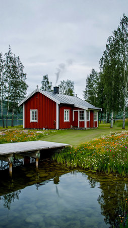 A traditional red wooden cabin sits beside a tranquil lake, surrounded by lush greenery and trees under a cloudy sky.の素材