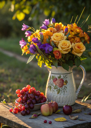 A beautiful still life featuring a colorful bouquet of flowers in a pitcher alongside fresh grapes and fruits on a rustic surface.の素材