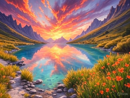 A stunning mountain landscape with a serene lake reflecting a dramatic sunset filled with vibrant orange, pink, and purple hues.の素材