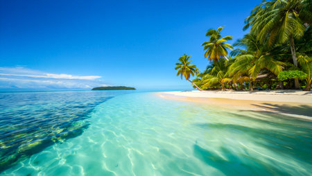 A stunning tropical beach scene with white sand, palm trees, and vibrant turquoise ocean water under a clear blue sky.の素材