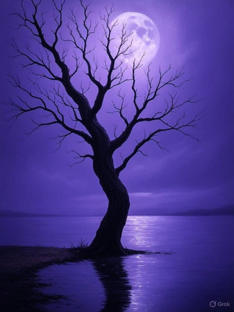 A solitary, bare tree stands against a vibrant purple sky with a large, luminous full moon.の素材